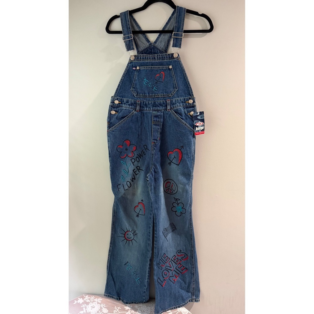 NWT‎ Vintage Bongo Denim Overalls Flower Power Peace Graphic Y2K 90s Deadstock